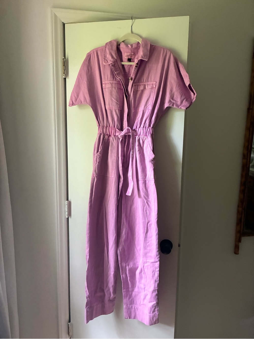 Pink Long-Sleeve Utility Jumpsuit Dress with Tie Waist